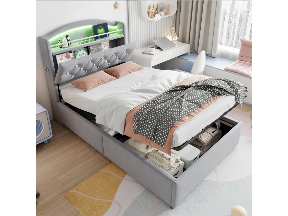Cama Kinder 90x200 Polster Samt Estante Led Usb Cinza