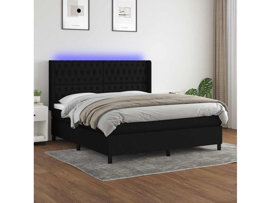 Vidaxl Cama Box Spring C/ Colchão E Led 160x200 Cm Tecido Preto
