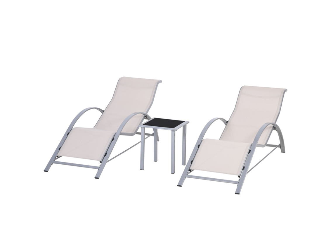 Conjunto de 2 Espreguiçadeiras com Mesa de Vidro Temperado, Encosto e Apoio de Braço Confortável  Bege S/MARCA