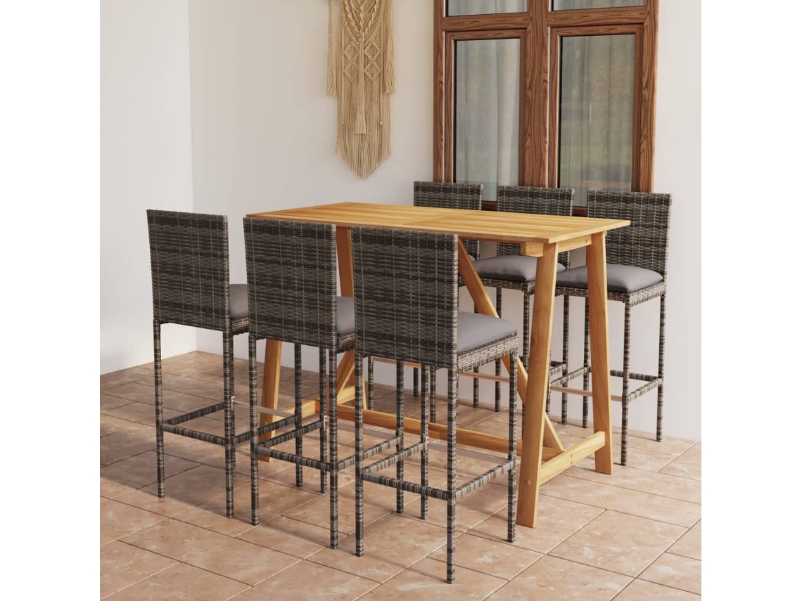 Vidaxl 7 Pcs Conjunto De Bar Para Jardim Com Almofadões Cinzento
