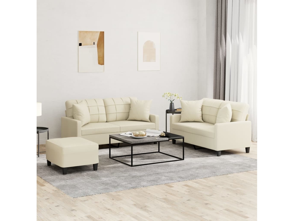 Vidaxl 3 Pcs Conjunto De Sofás Com Almofadas Couro Artificial Creme
