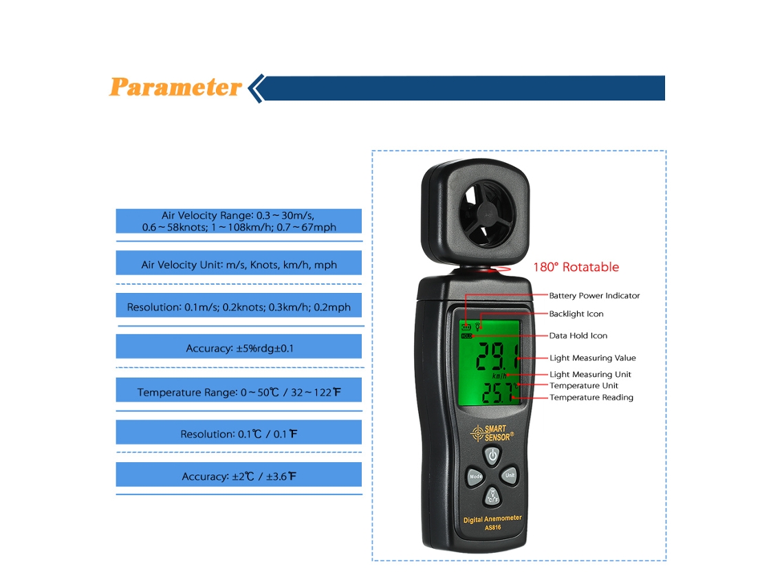 Yuru anemômetro Digital Mini Smart Sensor Medidor de Velocidade do Vento e Temperatura com Lcd e Backlight