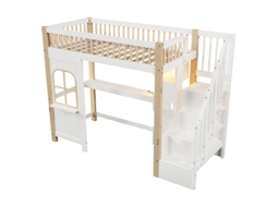 Cama Alta, 90x200cm, Com Luzes Led, Design Com Janela, Escada De Arrumação, Compartimento De Arrumação Aberto, Sem Colchão, Branco + Natural