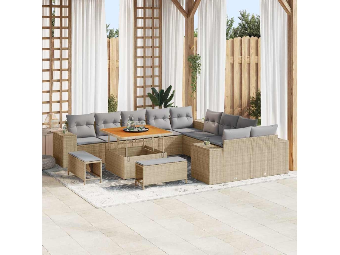 Vidaxl Conjunto De Sofá De Jardim Com Almofada 13 Pcs Bege Vime Pe