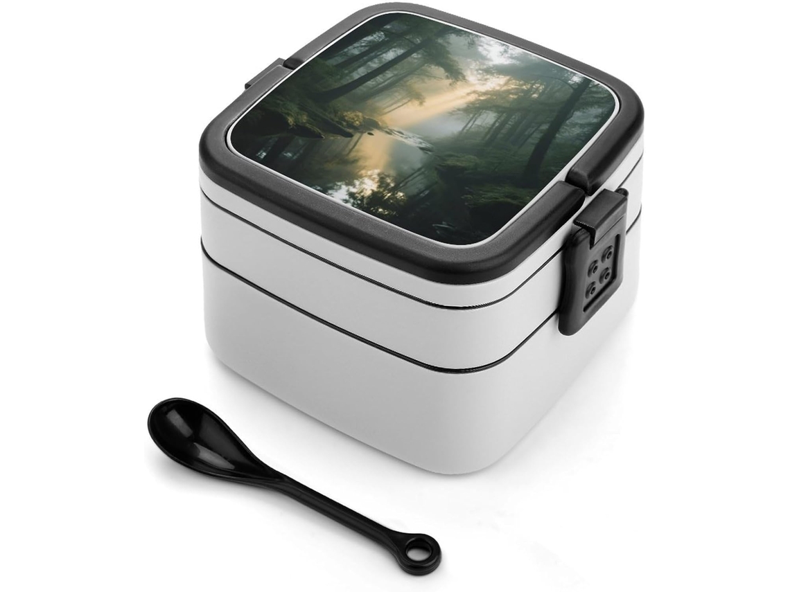 Marmita Bento Quiet Streams De Camada Dupla Para Adultos Com Colher E Alça, À Prova De Vazamentos, Marmita Empilhável De