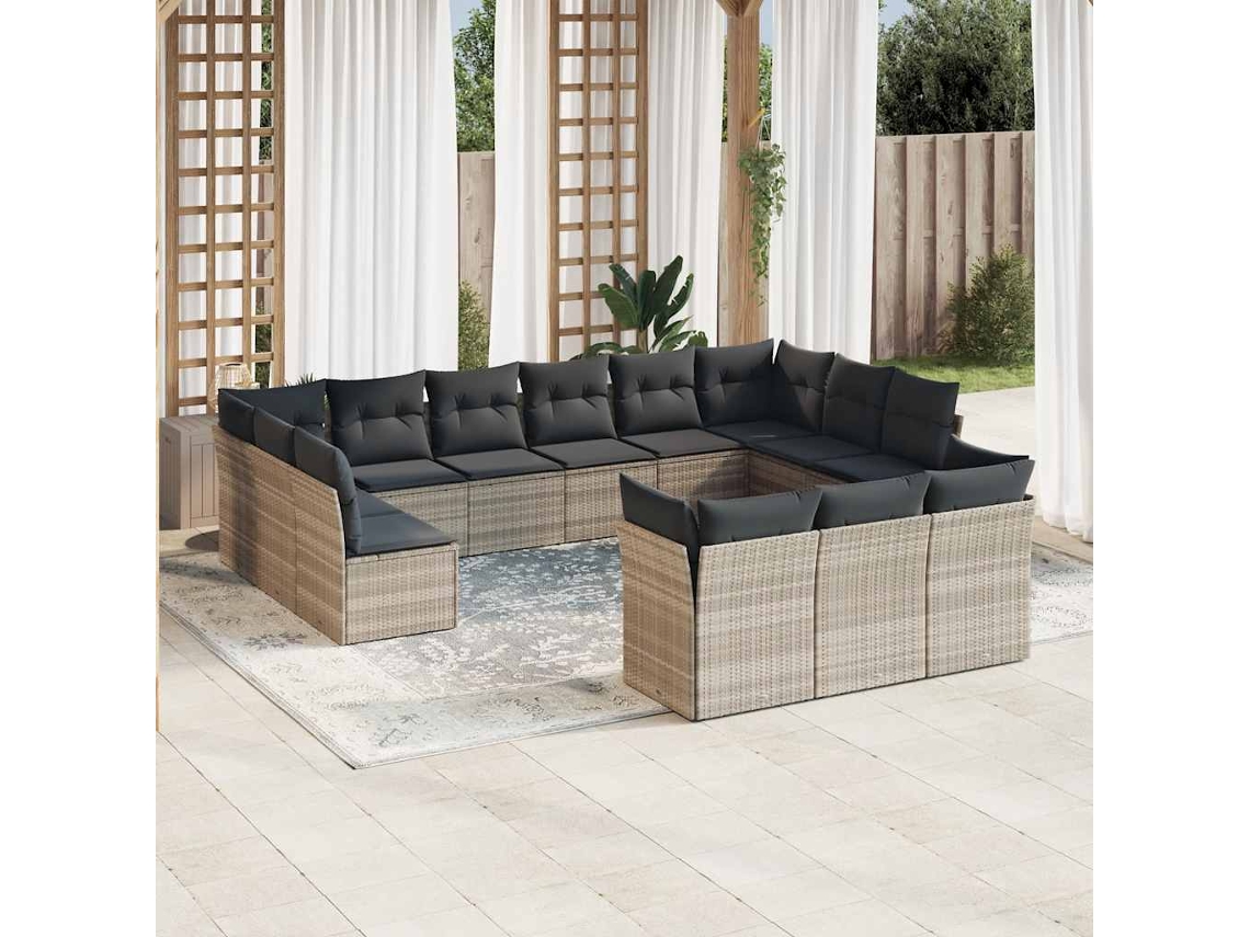 Vidaxl 13 Pcs Conj. Sofás Jardim C/ Almofadões Vime Pe Cinzento claro