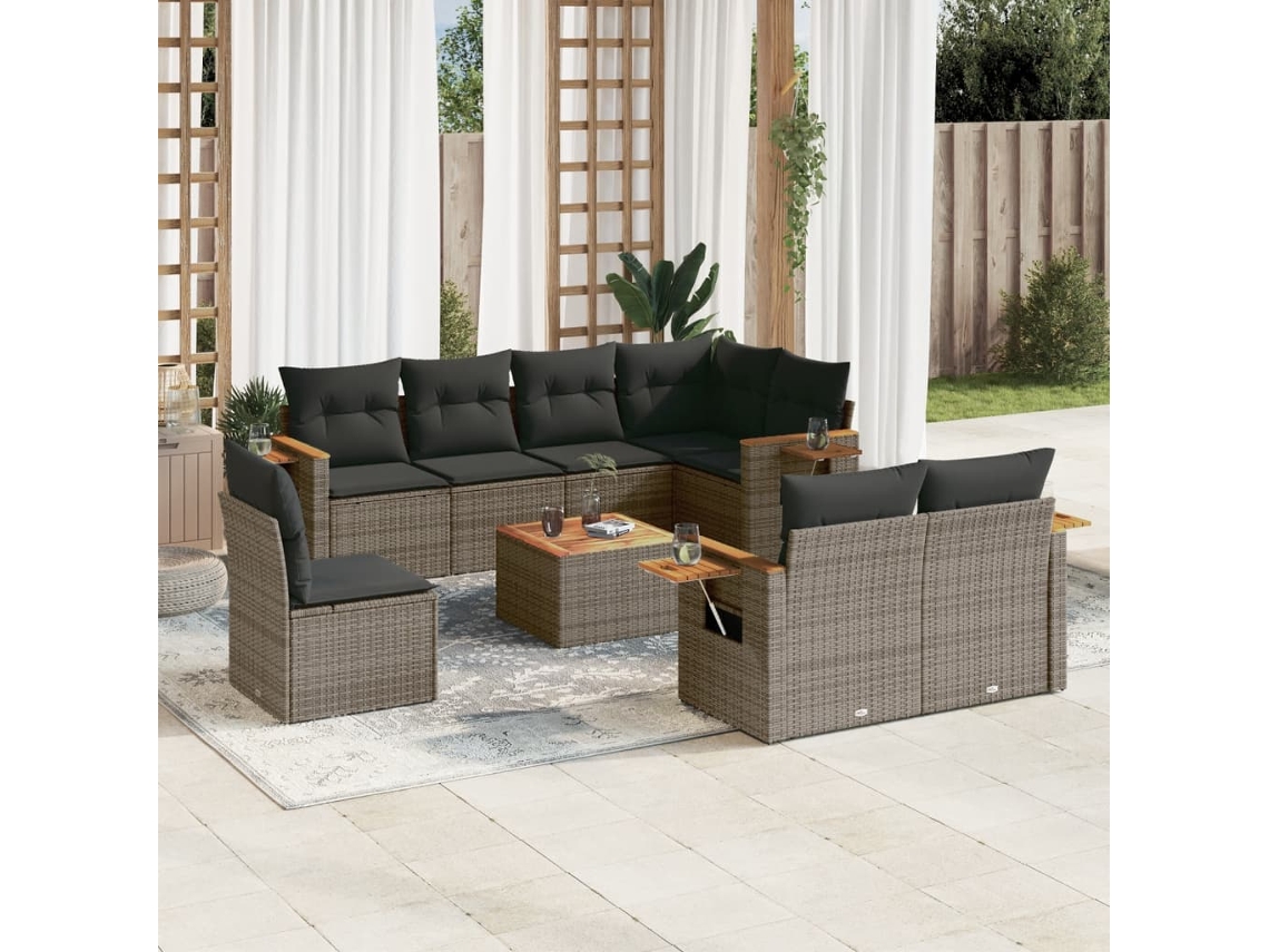 Vidaxl 9 Pcs Conjunto Sofás P/ Jardim Com Almofadões Vime Pe Cinzento