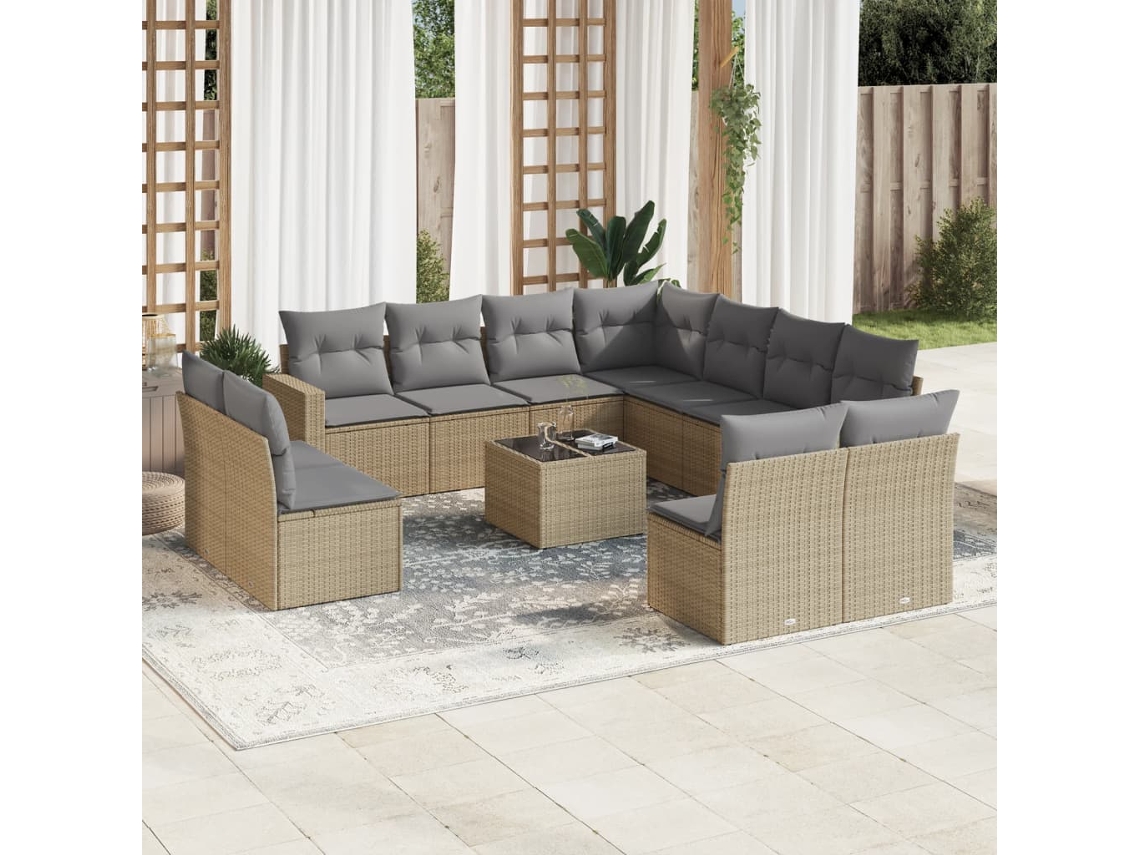 Vidaxl 12 Pcs Conjunto De Sofás P/ Jardim Com Almofadões Vime Pe Bege