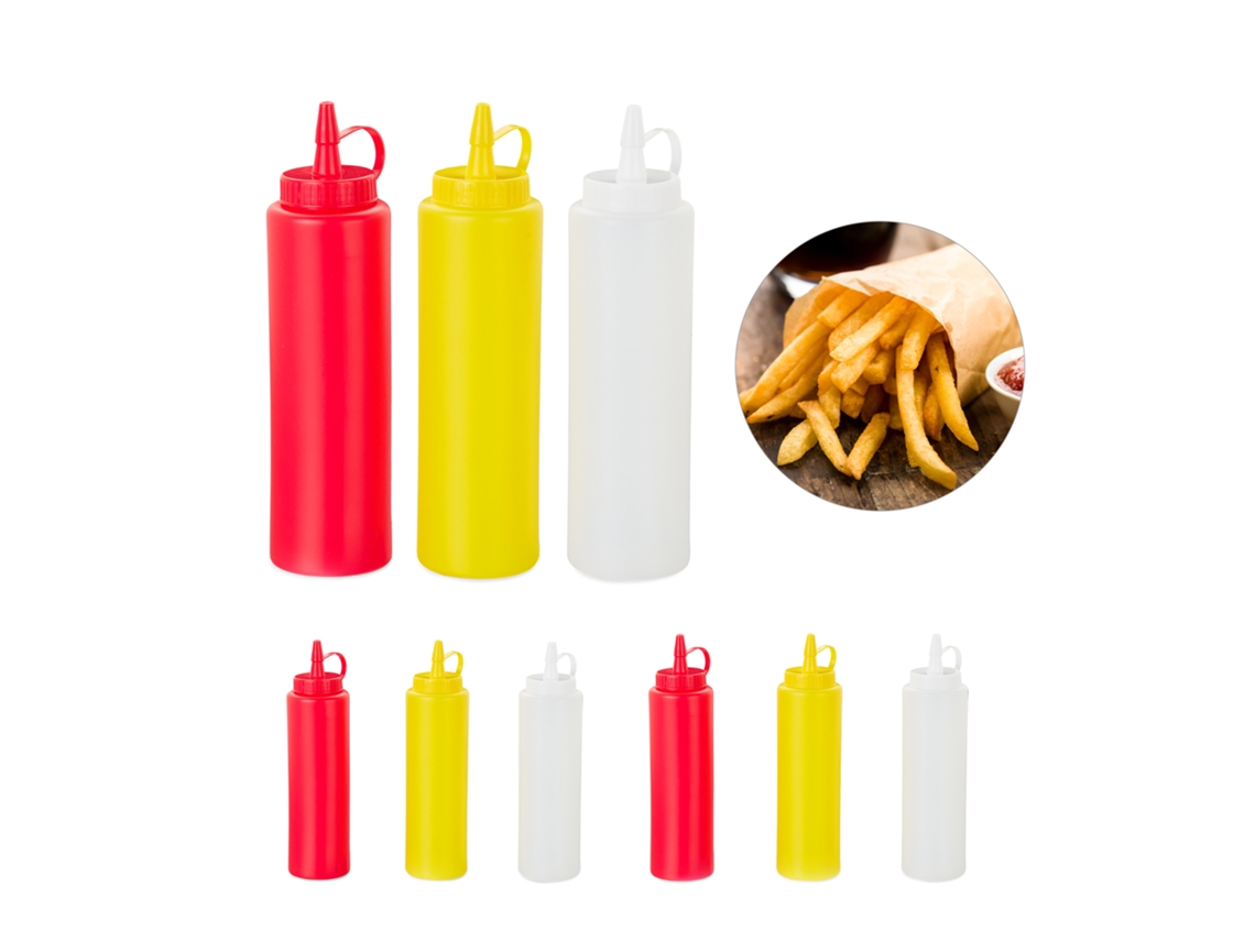 Relaxdays Frasco Squeeze, Conjunto De 9, Para Molhos, Recarregável, 400 Ml, Vermelho/amarelo/branco