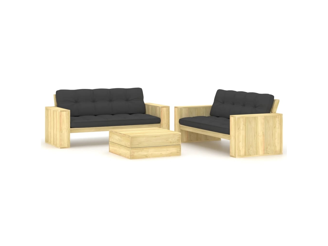 Vidaxl 3 Pcs Conjunto Lounge De Jardim Com Almofadões Pinho Impregnado