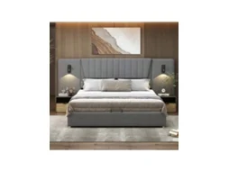 Cama Estofada 180x200cm Cinza Com Cabeceira Longa, Luz De Leitura Direcional, Porta Usb, Hidráulica Com Arrumação.