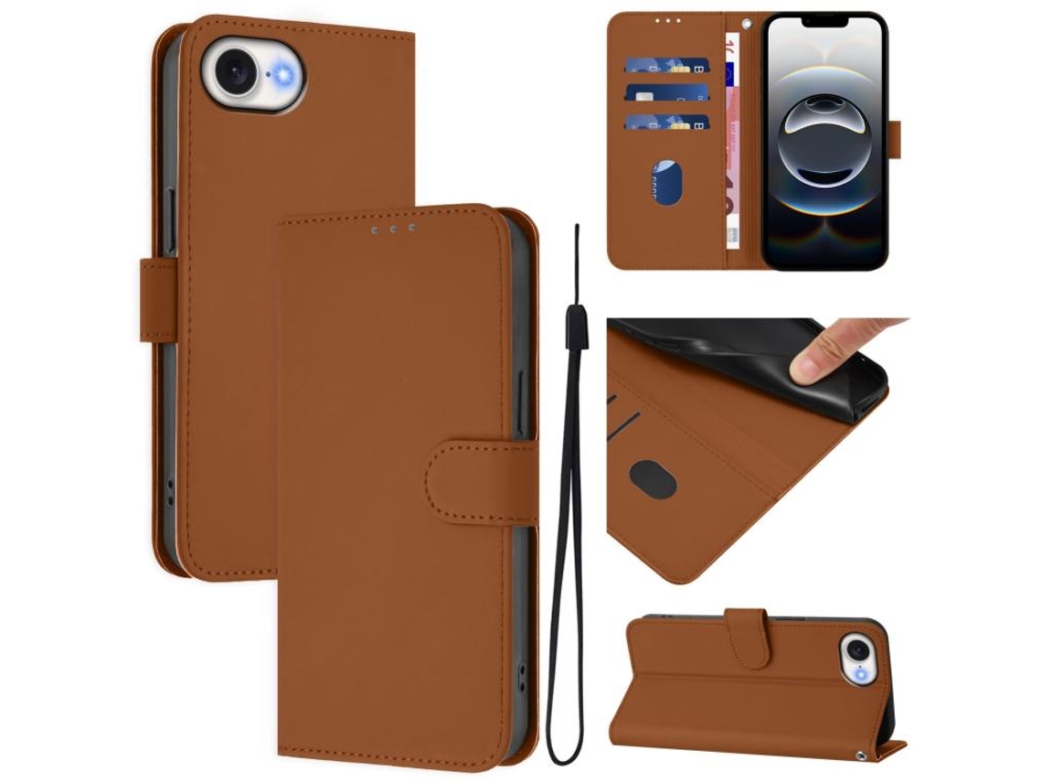 Capa De Couro Sintético Para Iphone 16e - Toque Suave - Cor Sólida - Com Cordão