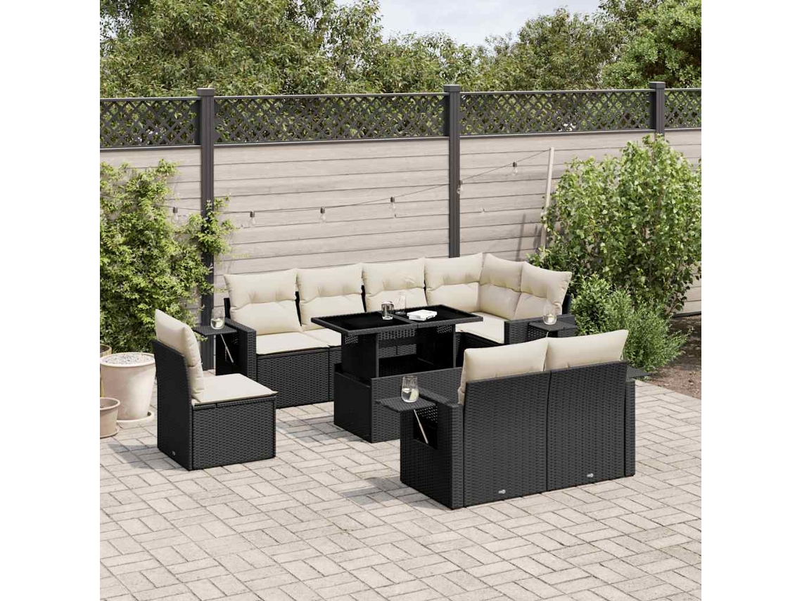 Vidaxl 9 Pcs Conjunto De Sofás P/ Jardim C/ Almofadões Vime Pe Preto