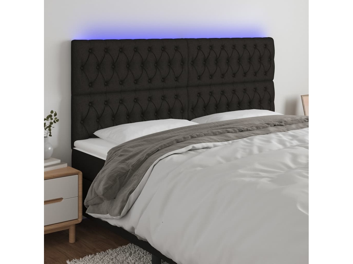 Vidaxl Cabeceira De Cama C/ Luzes Led Tecido 200x7x118/128 Cm Preto