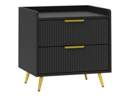 Mesa De Cabeceira Com 2 Gavetas Ranhuradas, Pés Em Metal Dourado, 50 X 40 X 50 Cm, Preto