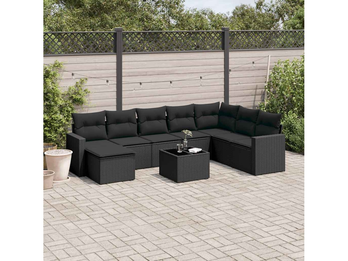 Vidaxl 9 Pcs Conjunto De Sofás P/ Jardim C/ Almofadões Vime Pe Preto