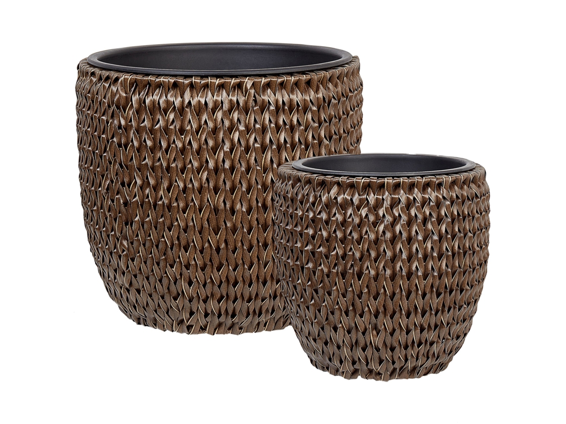 Conjunto De 3 Vasos Para Plantas Beliani Berberis De Ratan Sintético Castanho Escuro 45x45x42