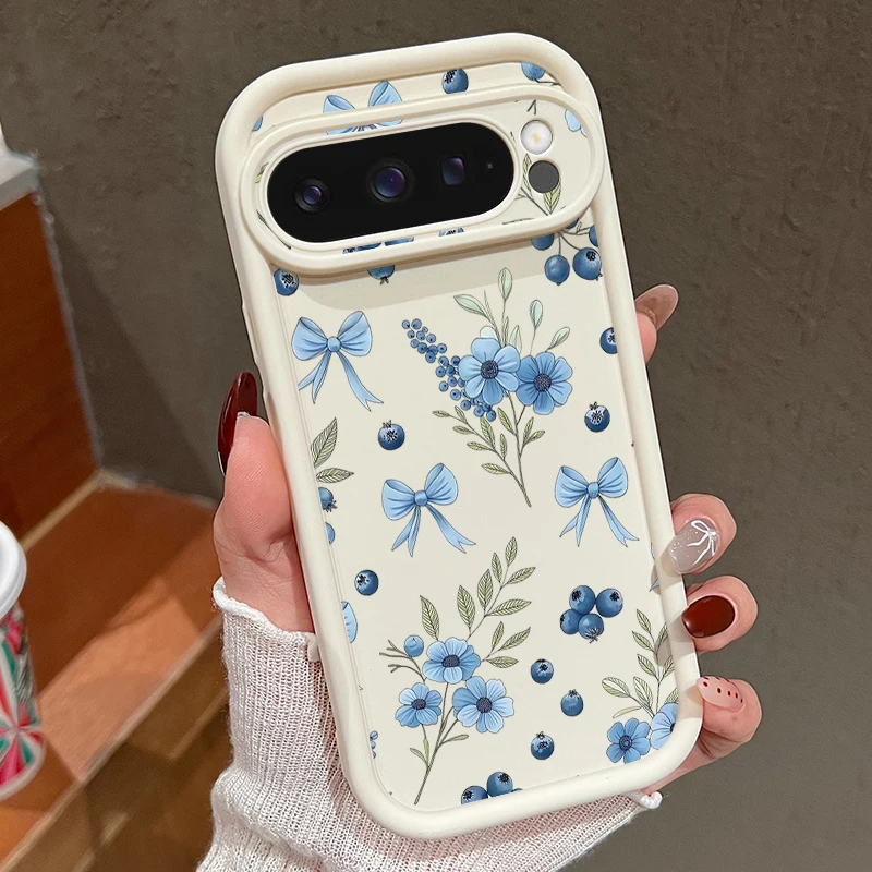 Capa Para Celular Google Pixel 9 Pro Com Estampa De Laço Azul (branca), Tpu Resistente A Impactos.