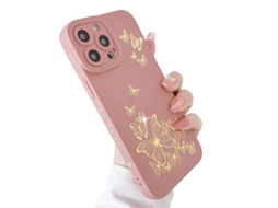 Capa para iPhone 14 Pro YURU com Padrão de Borboleta e Coração Prateado Rosa