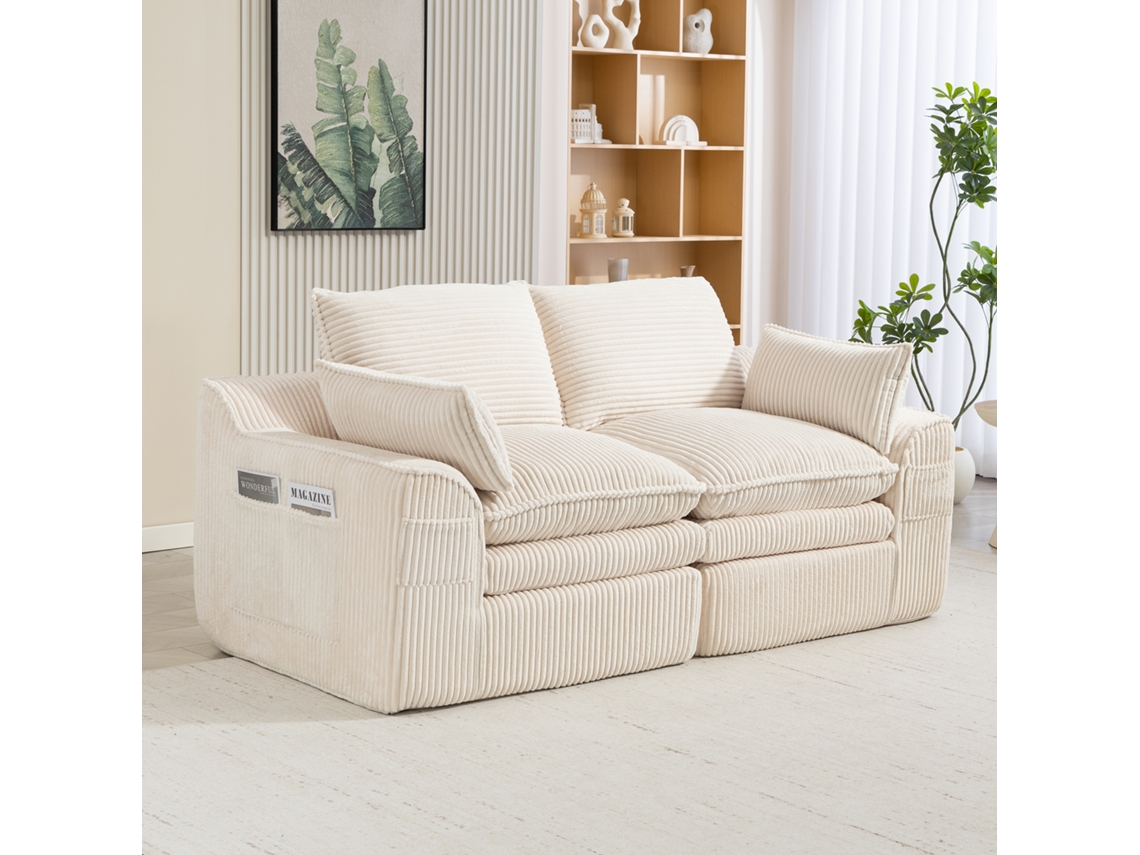Sofá Modular 2 Lugares, Veludo, Almofadas, 2 Bolsos Laterais. Espuma 3 Camadas Com Molas. Ideal Para Sala, Escritório. Bege.
