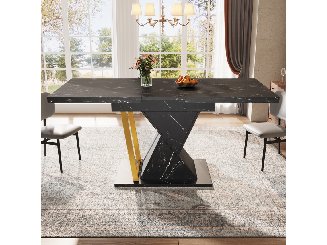 Mesa De Jantar Em Madeira Extensível Preta 110/140x80x76cm, Tampo Extensível Para 6 Pessoas