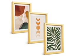 Conjunto De Pinturasformas Abstratas De Folhas Moldura Dourada Quadros Para A Sala De Estar Espelharte (3 Peças 20x30 Cm)