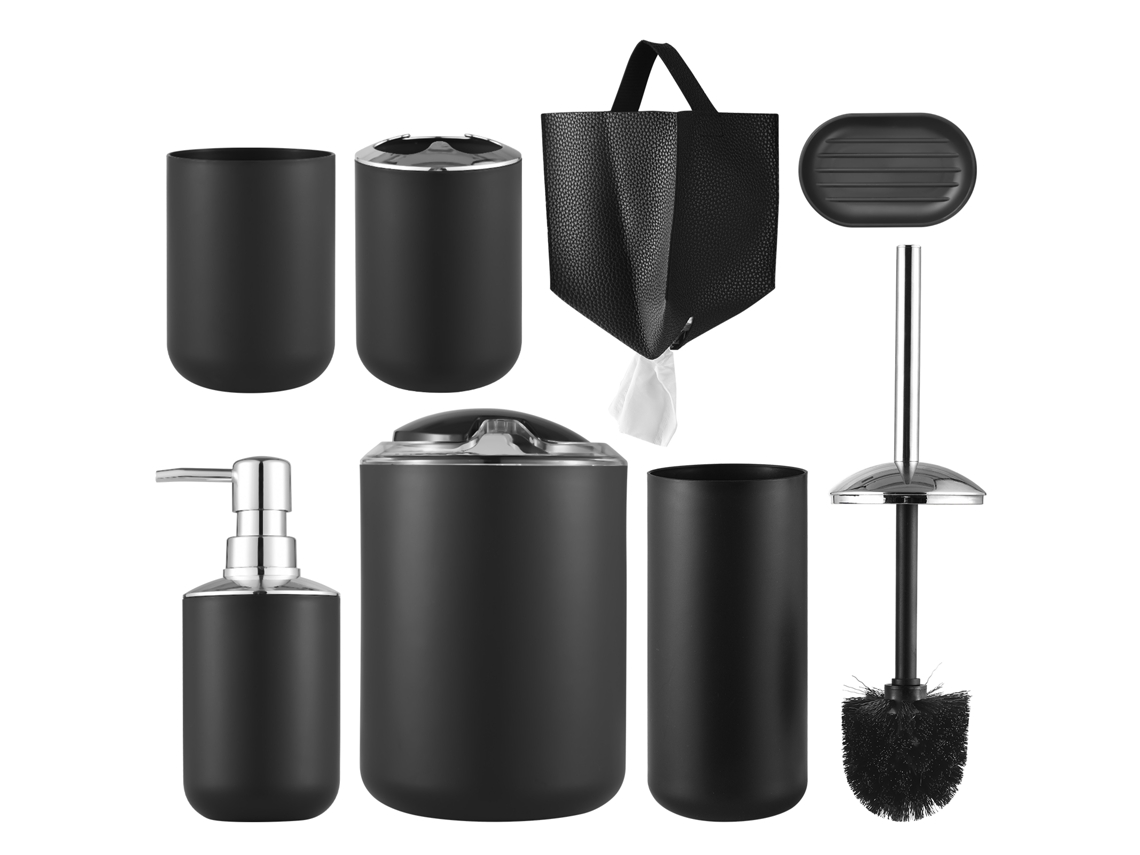 Conjunto de 7 Acessórios para Banheiro Preto Decor Essenciais com Porta esfregões Dispensador Lixo Pincel