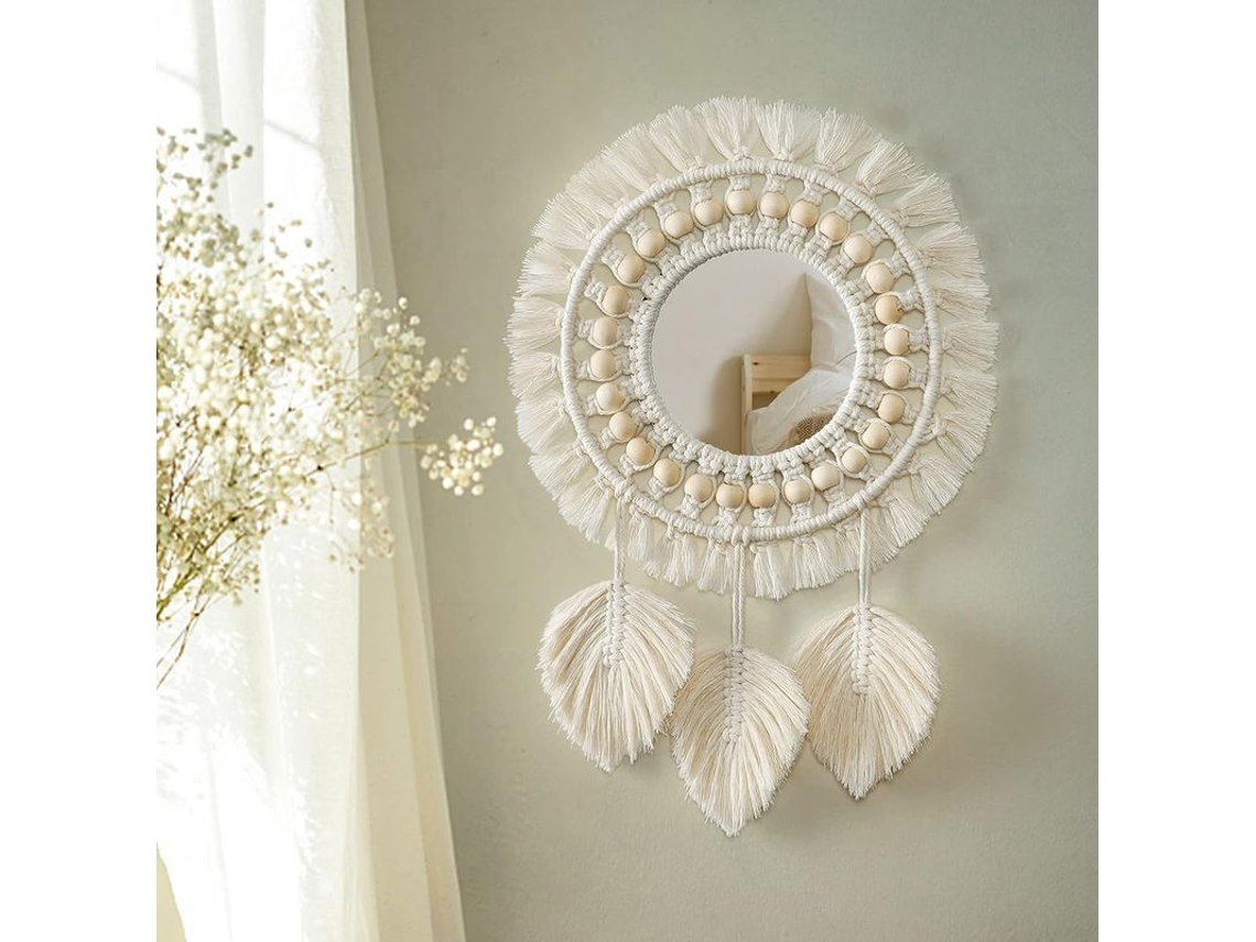 2026 espejo de Pared Redondo Con Flecos Macramé Decoración Boho Antiguo (flecos de Hoja)