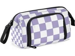 Estojo Grande com Compartimento para Lápis, Ideal Meninas Estampa Xadrez Americana Roxo e Branco 24 X 9,5 15