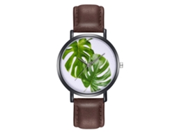 Relógio de quartzo unissex com pulseira de couro PU, estampa simples de folhas, cor café, Zhoulianfa