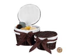 Relaxdays Conjunto De 2 Cestos Para Casa De Banho Com Tampa, Em Buri Trançado, Redondos, Castanho-chocolate