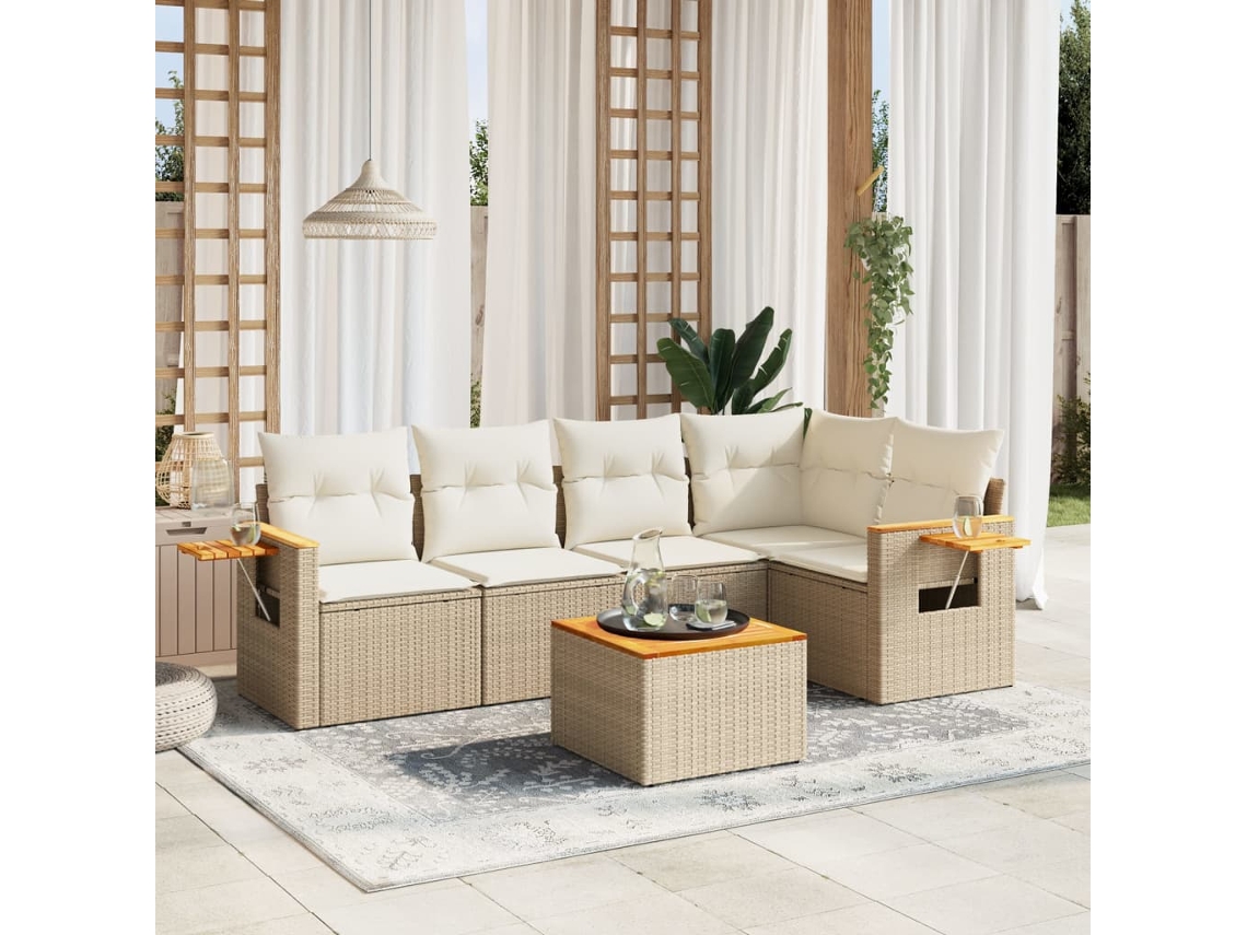 Vidaxl 6 Pcs Conjunto De Sofás P/ Jardim Com Almofadões Vime Pe Bege