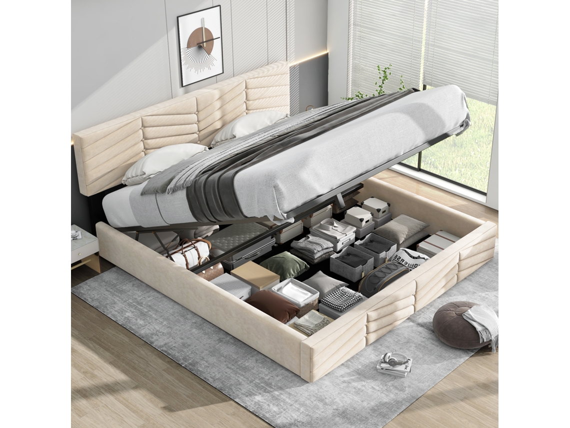Cama Casal Hidráulica 180x200 Veludo Listrado Bege Cabeceira Ajustável