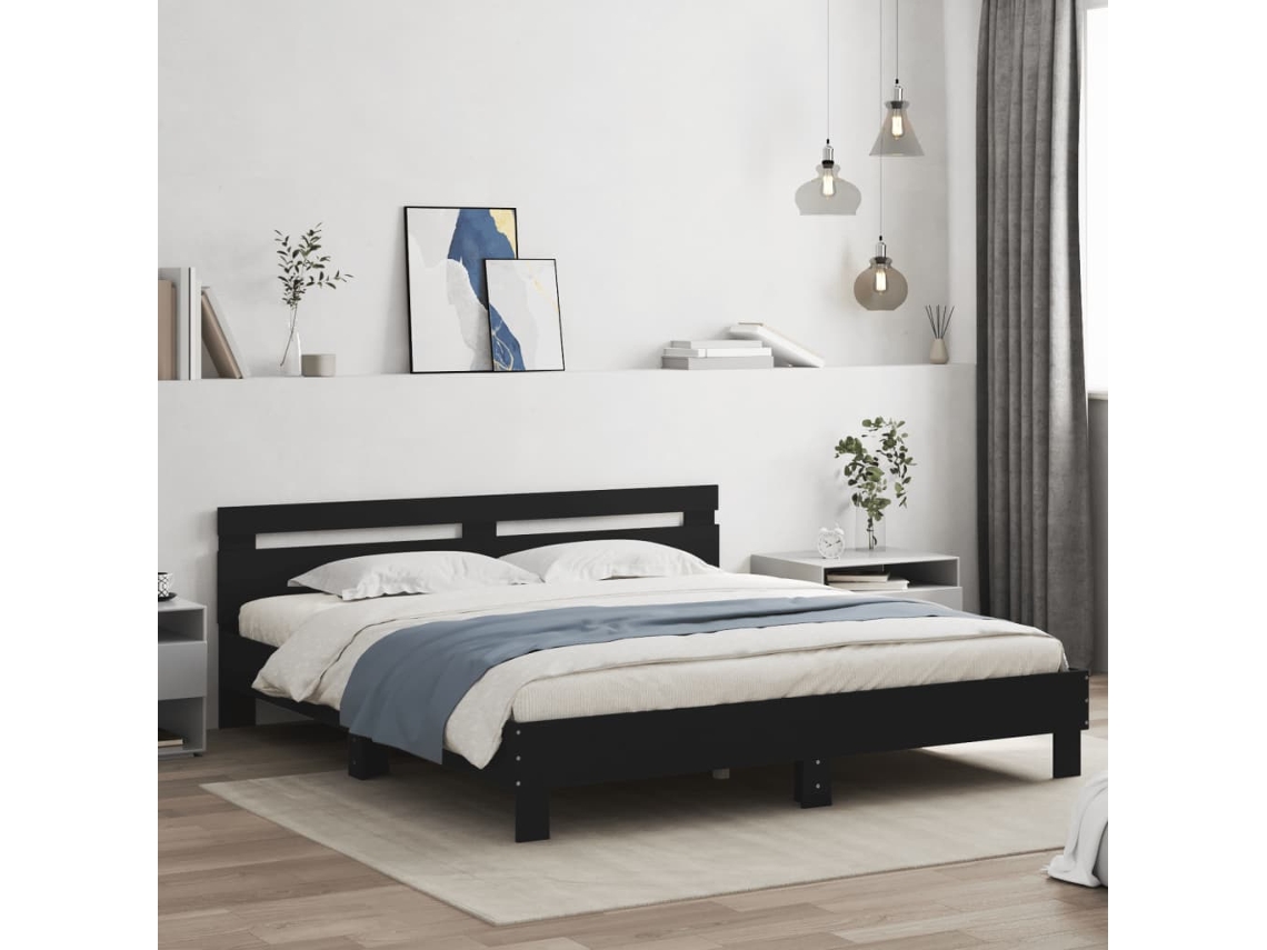 Estrutura De Cama Com Cabeceira E Luzes Led 160x200 Cm Preto