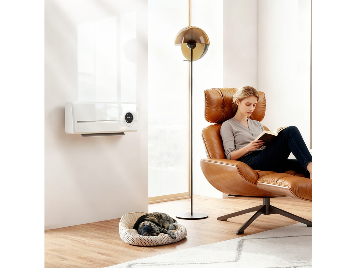 Aquecedor de parede com ventilador, 2000W, cerâmica, com controle remoto, 2 modos de aquecimento e visor LED.