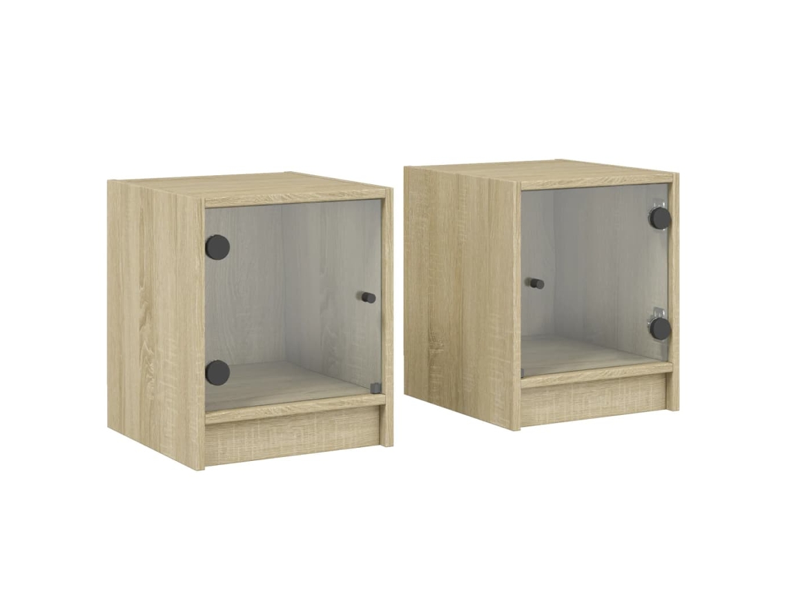 Conjunto de 2 Mesas Cabeceira C/ Portas Vidro Carvalho Sonoma MAISON EXCLUSIVE 35x37x42 cm