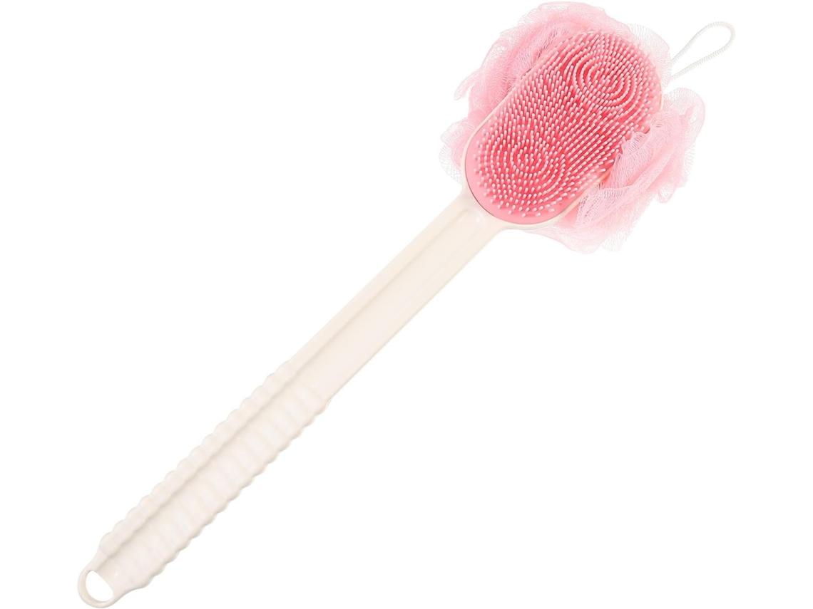 Escova De Banho Corporal Silicone Com Cabo Longo, Macia E Flexível Para Esfoliação, Com Gancho Para Pendurar, Rosa