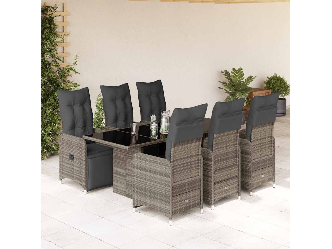 Vidaxl 7 Pcs Conjunto Bistrô De Jardim C/ Almofadões Vime Pe Cinza