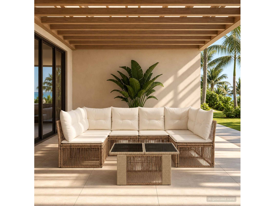 Vidaxl Conjunto De Sofá De Jardim 7 Unid. Bege Vime Pe