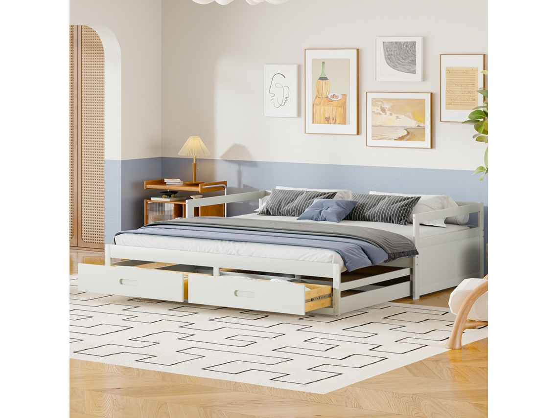 Sofá-cama Retrátil 90/180x200 Cm Pinho Branco Com Gavetas