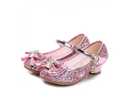 2026 sapatos de Couro para Meninas com Glitter e Salto Baixo de 3cm Laços de Borboleta Tamanhos 26 29 Vinte e Oito Rosa