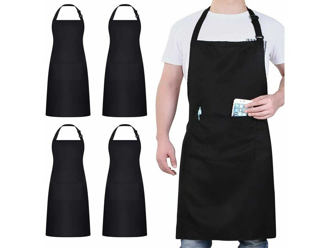 4 Unidades De Aventais De Chef, Avental Preto Com 2 Bolsos, Ajustável E Impermeável Para Homem E Mulher, Para Cozinha Profissional, Jardinagem, Churra