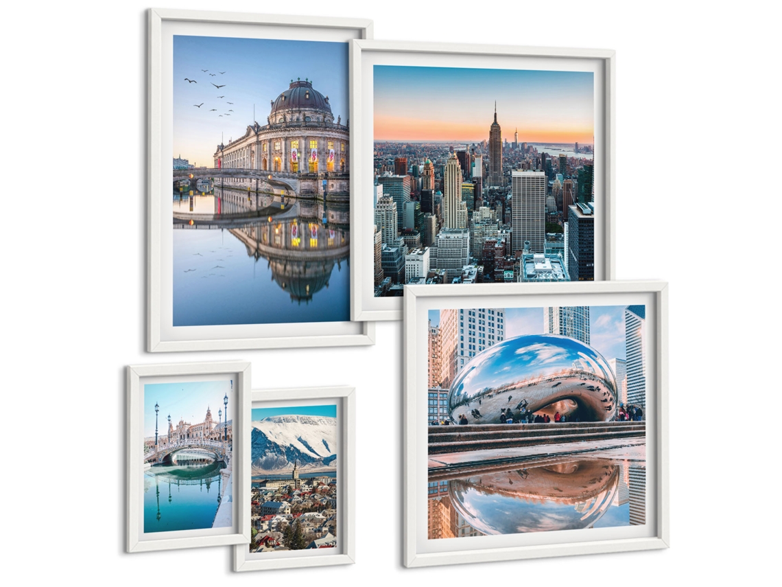 Conjunto De Pinturas Arquitetura De Cidades Na Água Moldura Branca Quadros Para O Escritório Espelharte (conjunto De 5 Imagens)