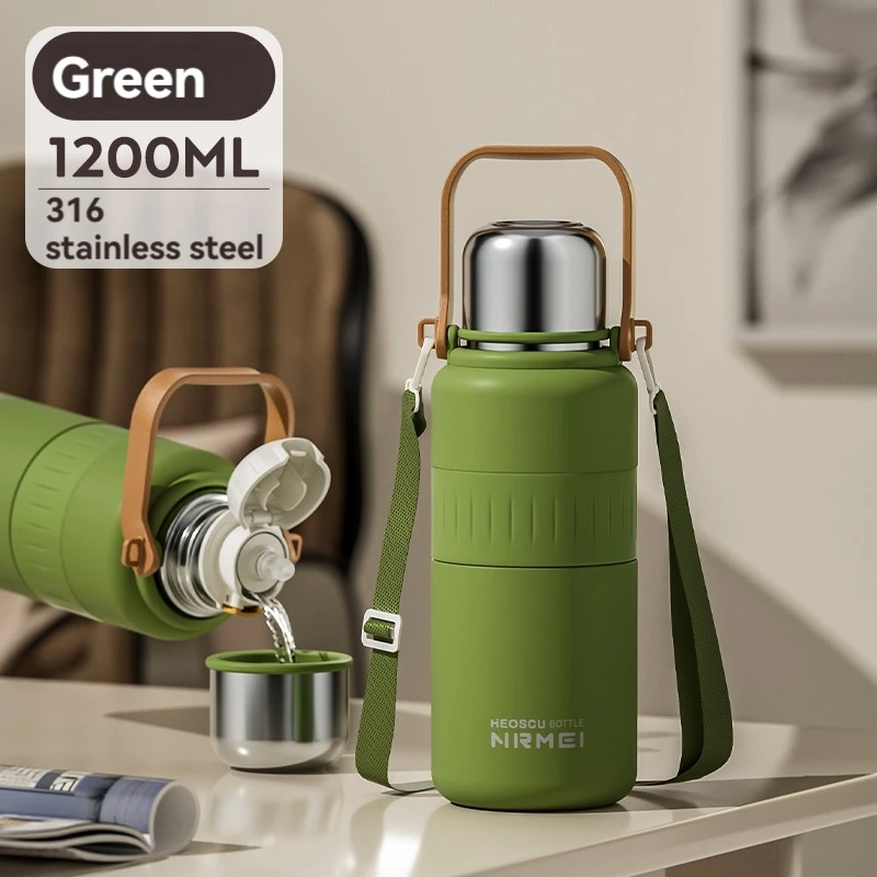 (verde, 1200ml) Garrafa De Água Térmica Em Aço Inoxidável Com Alça E Canudo, Isolamento A Vácuo, Adequada Para Água Quente E Fria.