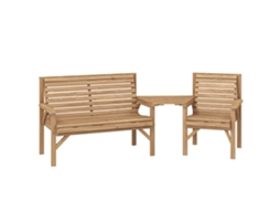 Conjunto de 3 cadeiras de jardim com mesa removível, 121x65x90cm, com furo para guarda-sol, madeira natural BTFORUS