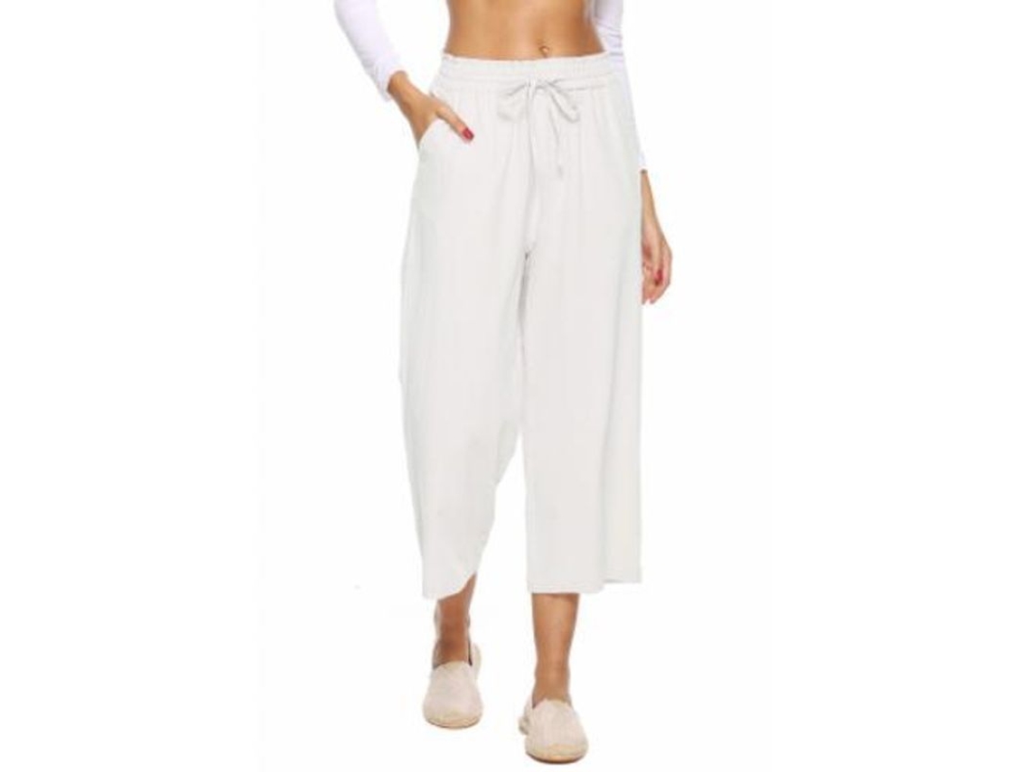 2026 pantalones de Lino para Mujer de Cintura Alta, Pierna Ancha Con Cordón Y Bolsillos Casuales L Blanco