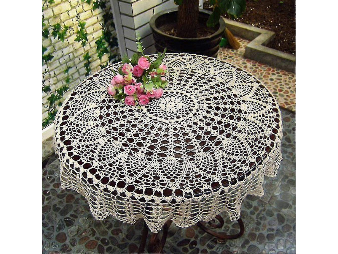 Lurelia Toalha De Mesa Redonda Algodão Crochê Bege Diâmetro 70cm Vintage Feito À Mão