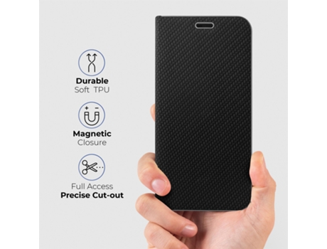 Capa Tipo Carteira MOOZY para Iphone Se 2020 Iphone 7 Iphone 8 Carbono Preto – Proteção de Borda Metálica com Fecho Magnético e Suporte para Cartão