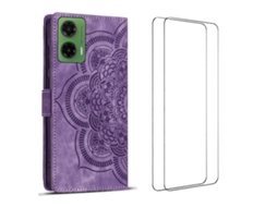 Capa Tkdaddy Para Motorola Moto G35 5g Com 2 Peças De Vidro Temperado Wanlonfeng Mtl Series Mandala Couro Capa De Telefone Roxa
