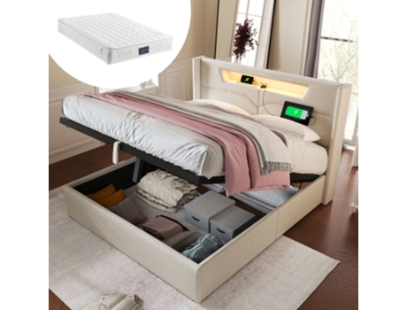 Cama Estofada, Cama De Casal Led Com Função De Carregamento Usb Tipo C E Iluminação Led, Camas Com Arrumação, Estrutura De Cama Em Material De Linho